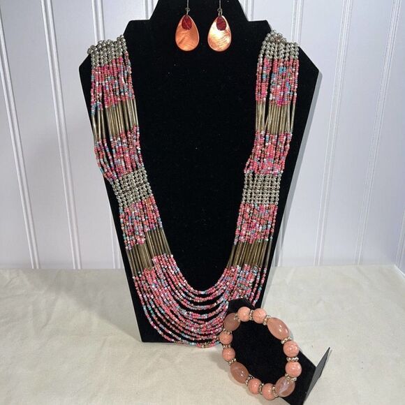 3 Piece Multi Strand Striped Bead Necklace With Earring’s and Bracelet Bohemian - Picture 1 of 8